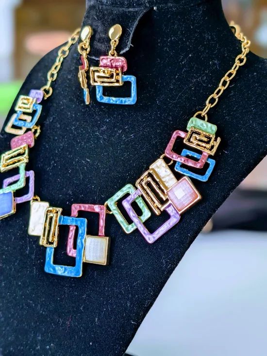 Multicolor Enamel Geometric Square Necklace and Earring Set - Gold-Tone - Picture 4 of 9